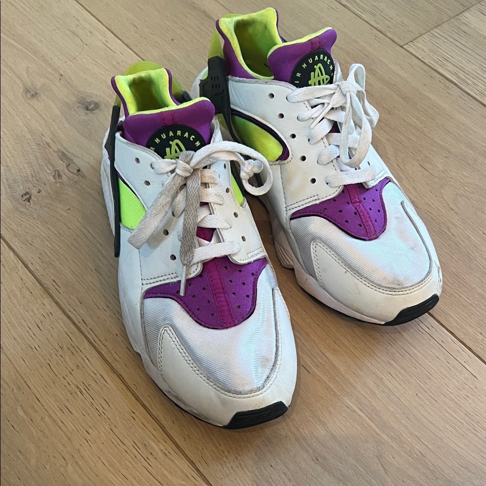 Nike Sneakers White, Purple, and Neon Green Air Hurrace